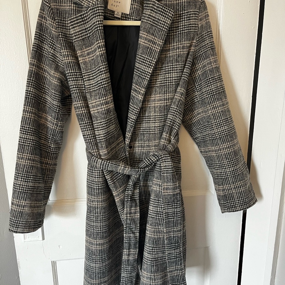 Gray Plaid Belted Coat